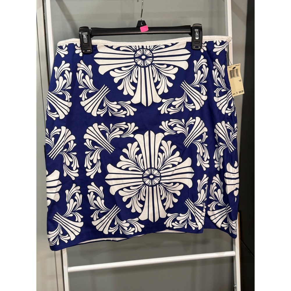 Max Studio Blue White Talavera Print Mini Skirt Cotton Stretch 10 NWT Boho Chic